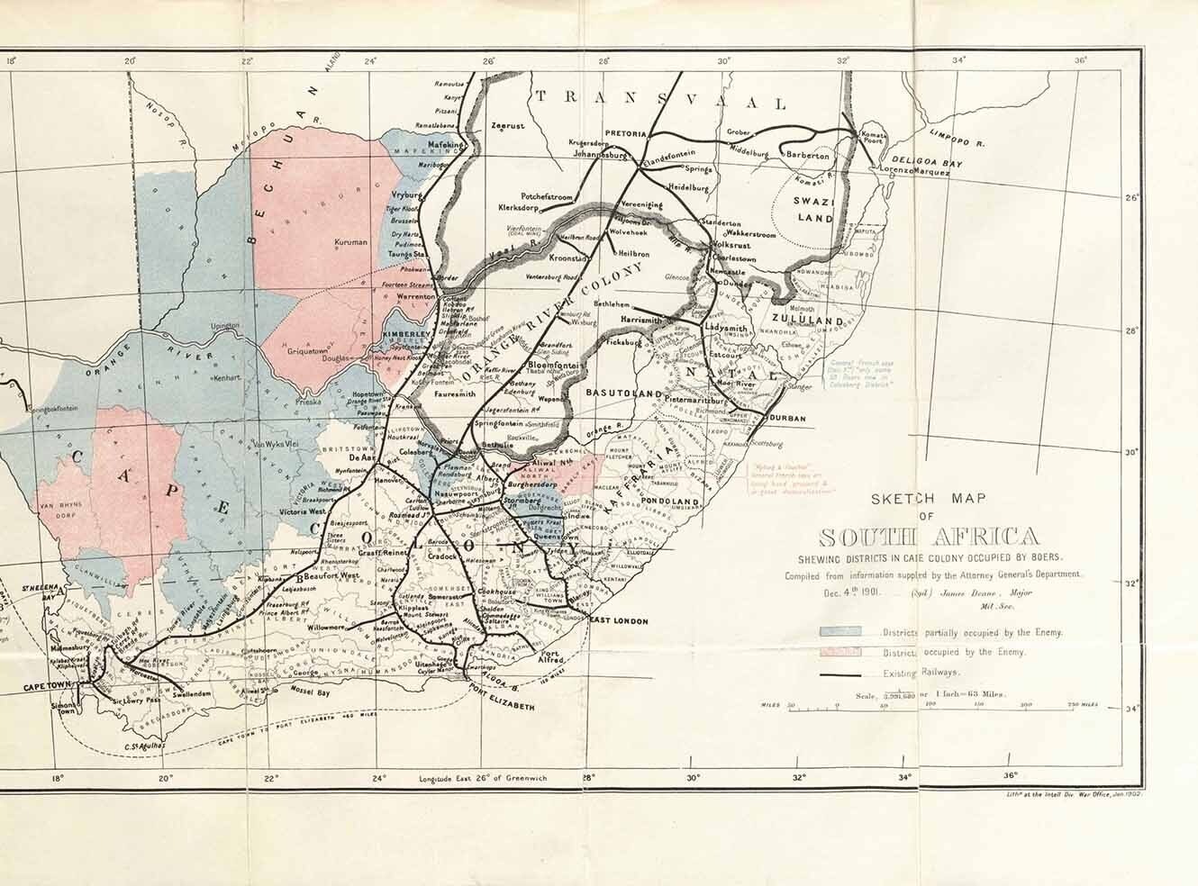 Map of South Africa showing districts occupied by Boers, highlighting regions in different colours.