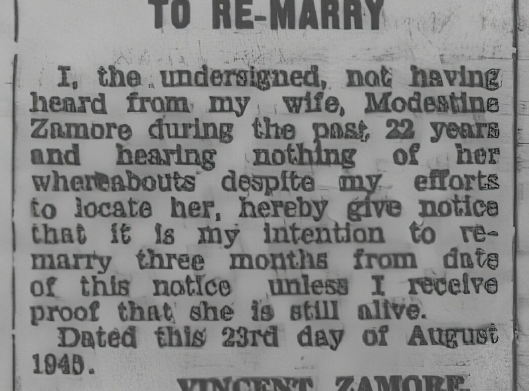 A newspaper notice from Vincent Zamore about re-marrying after not hearing from his wife for 22 years.