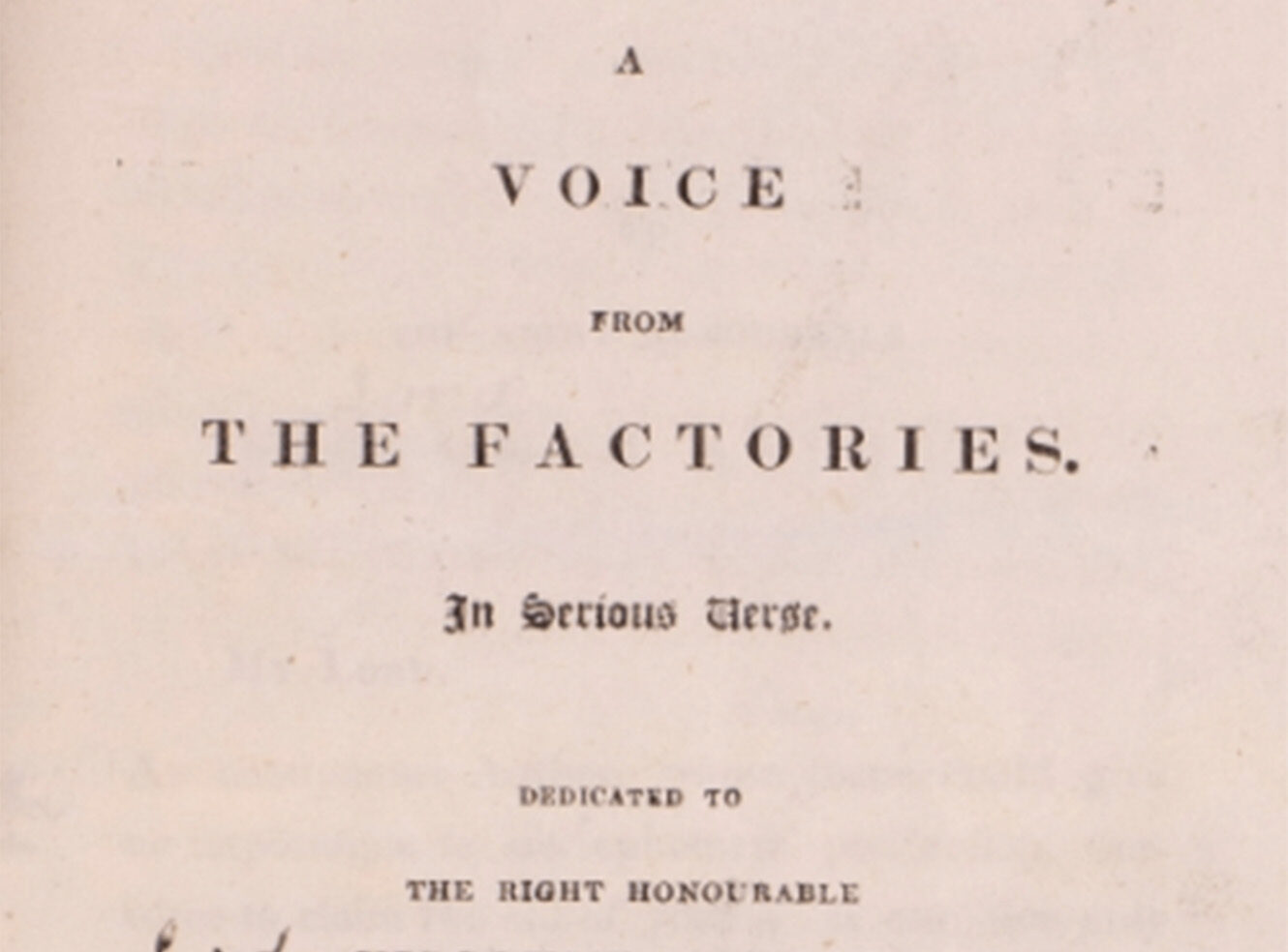Text page titled 'A Voice from the Factories' dedicated to a right honourable