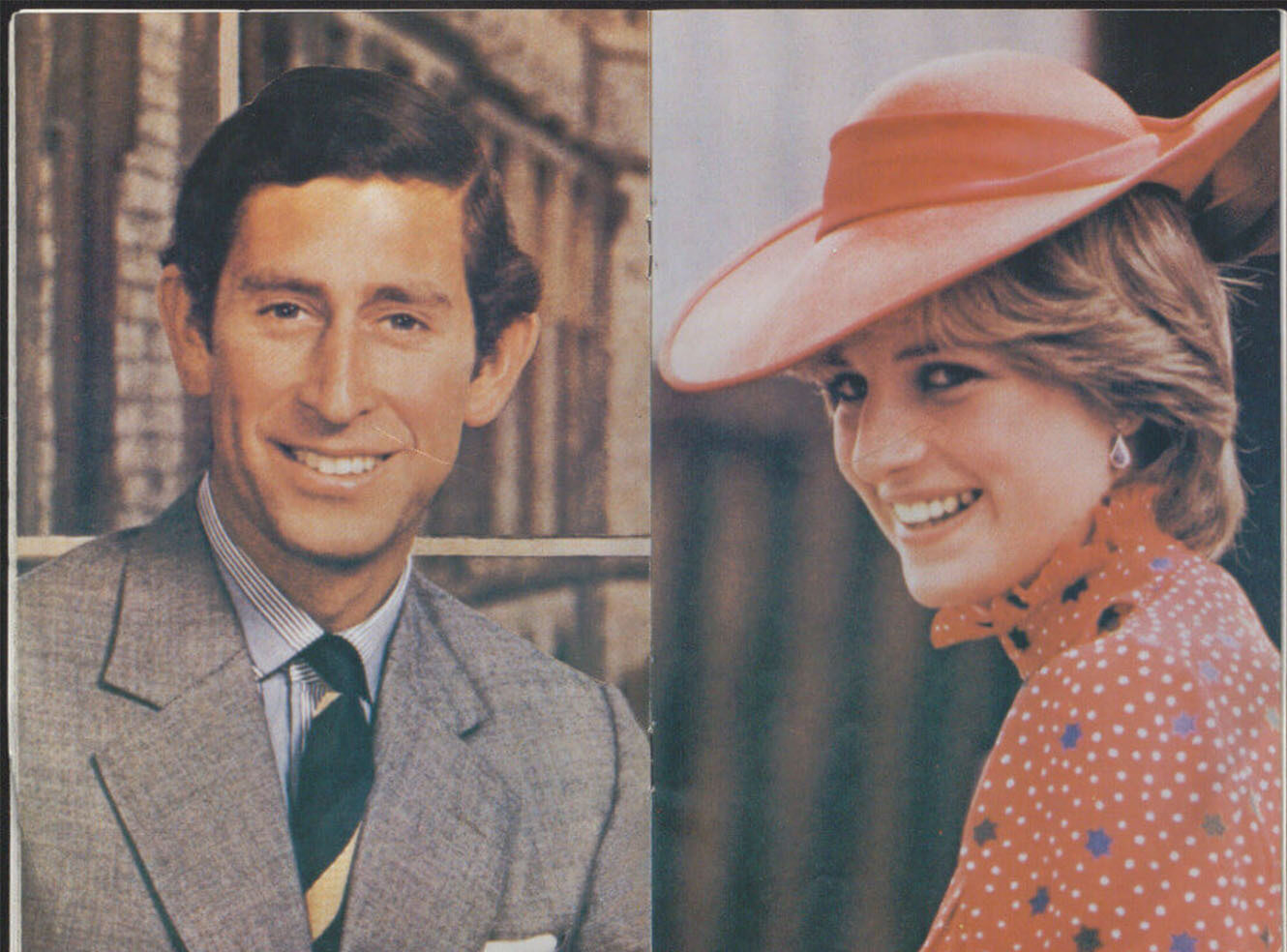 A split photo of a man in a suit and a woman in a red hat with a polka dot dress, both smiling