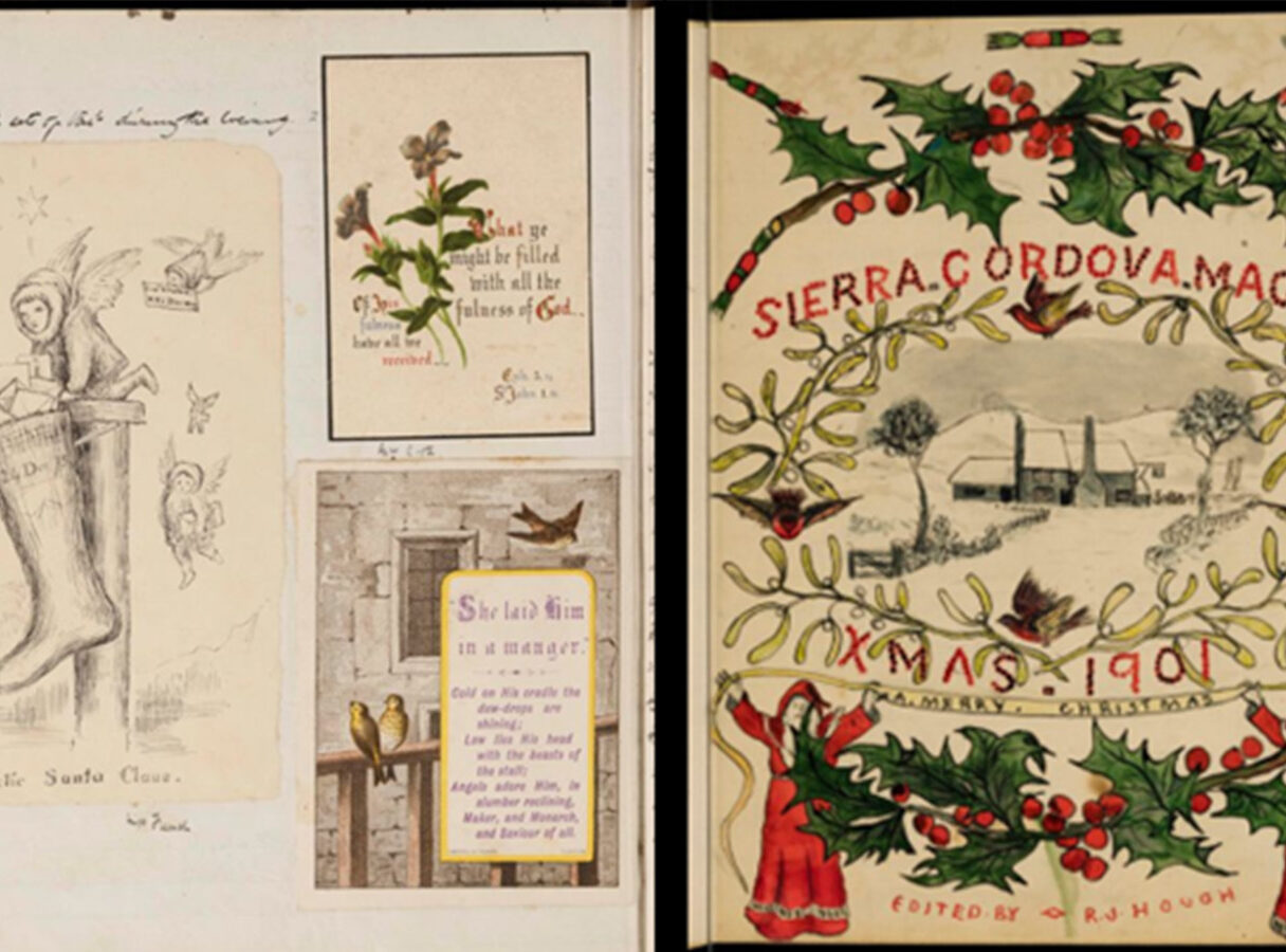 A collage of Christmas-themed illustrations, including Santa Claus, holly, birds, and a manger scene with text.