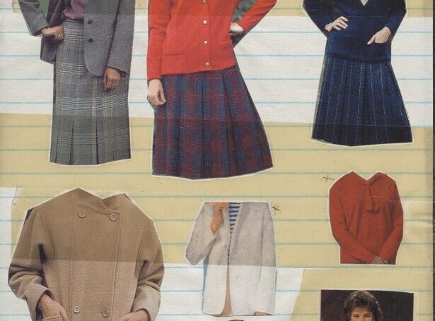 A collection of women's clothing items including skirts, cardigans, and blouses, arranged on a background