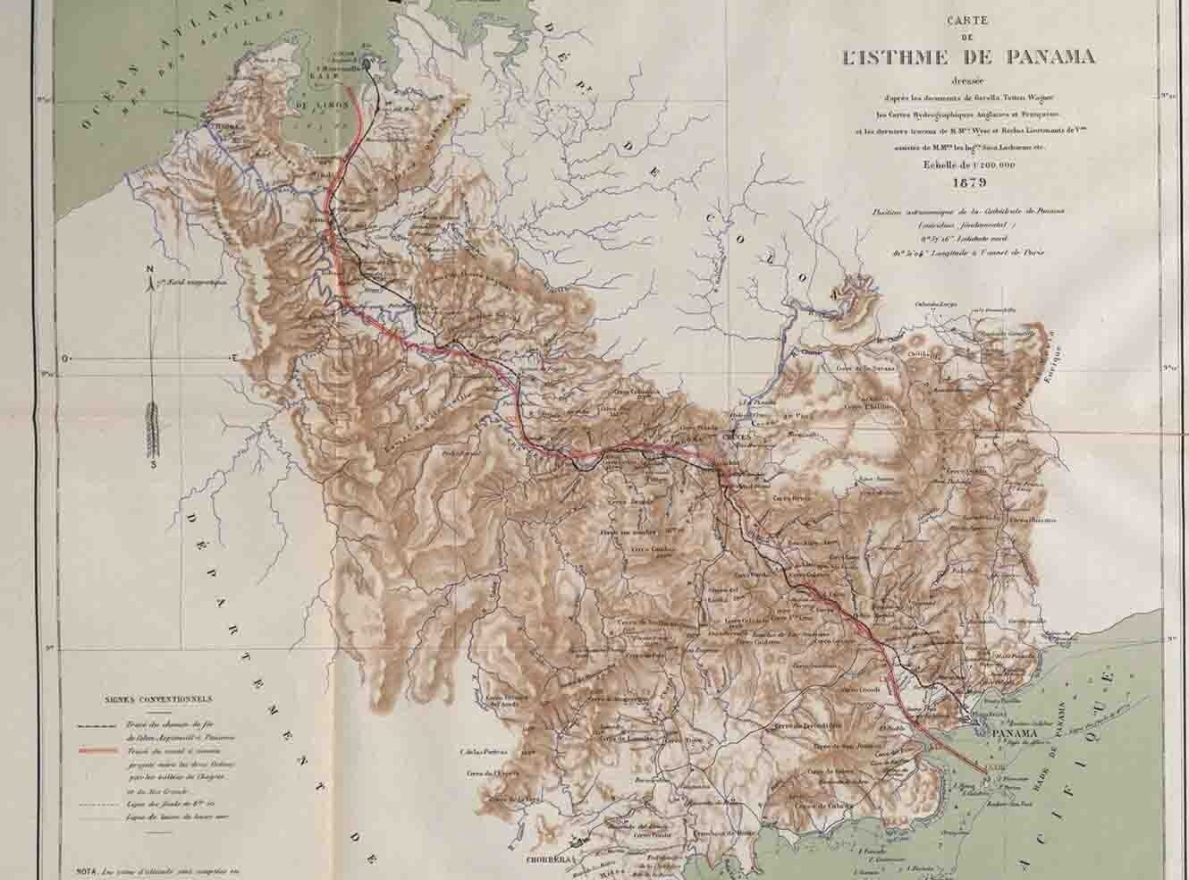 1879 map of the Isthmus of Panama showing terrain and proposed canal route from Colón to Panama City.