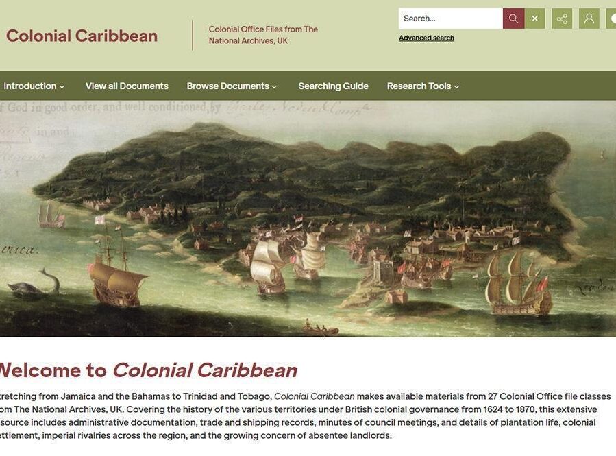 Website homepage for Colonial Caribbean with an old map and ships.