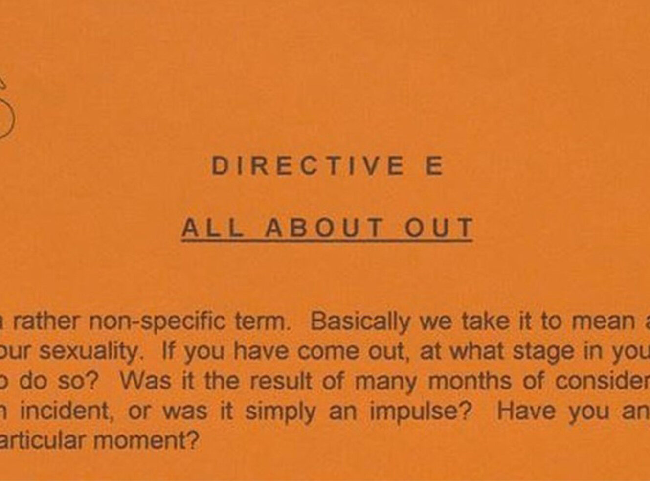 An orange card with the title "Directive E: All About Out" and text discussing coming out and sexuality