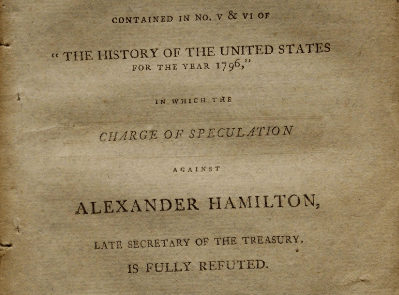 An old book cover titled 'Observations on Certain Documents' by Alexander Hamilton, with faded edges