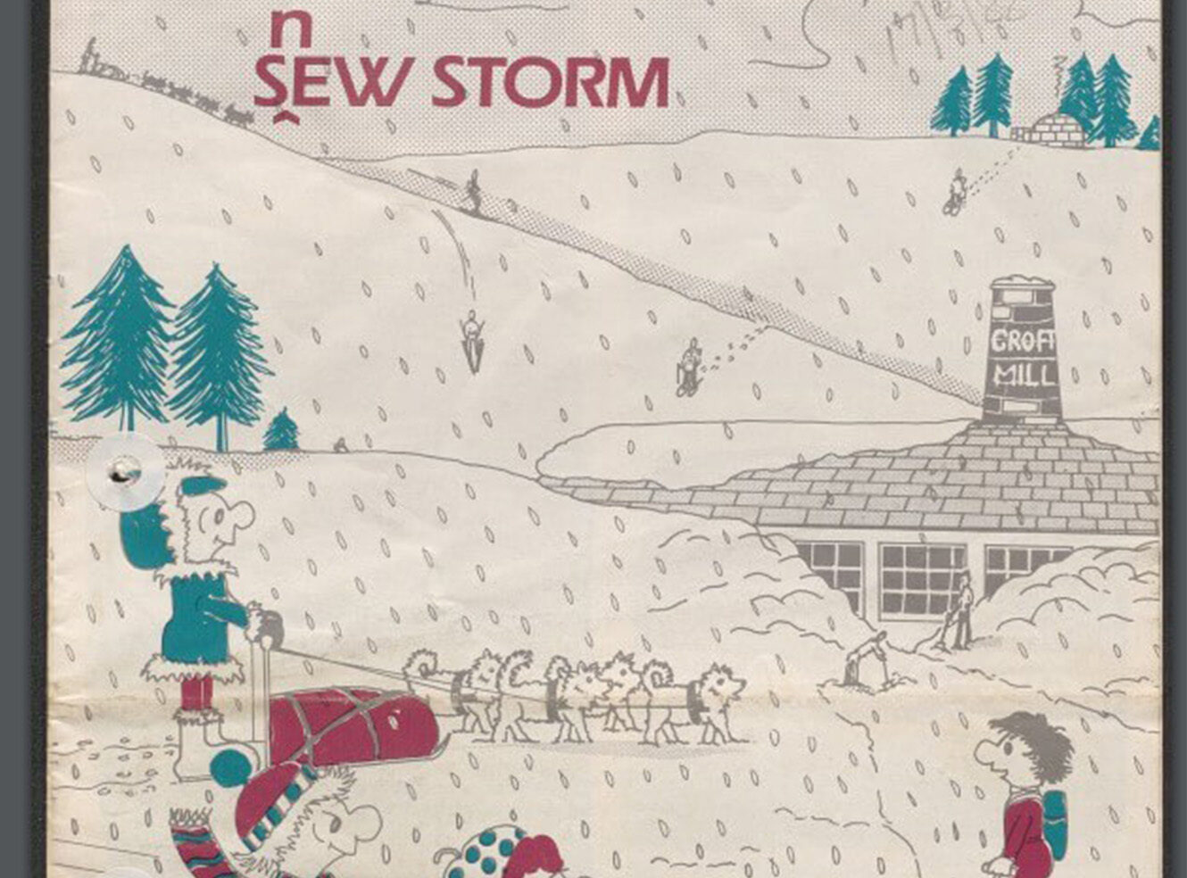A whimsical snowy scene with trees, a cabin, and a dog team pulling a sled, colourful illustrations