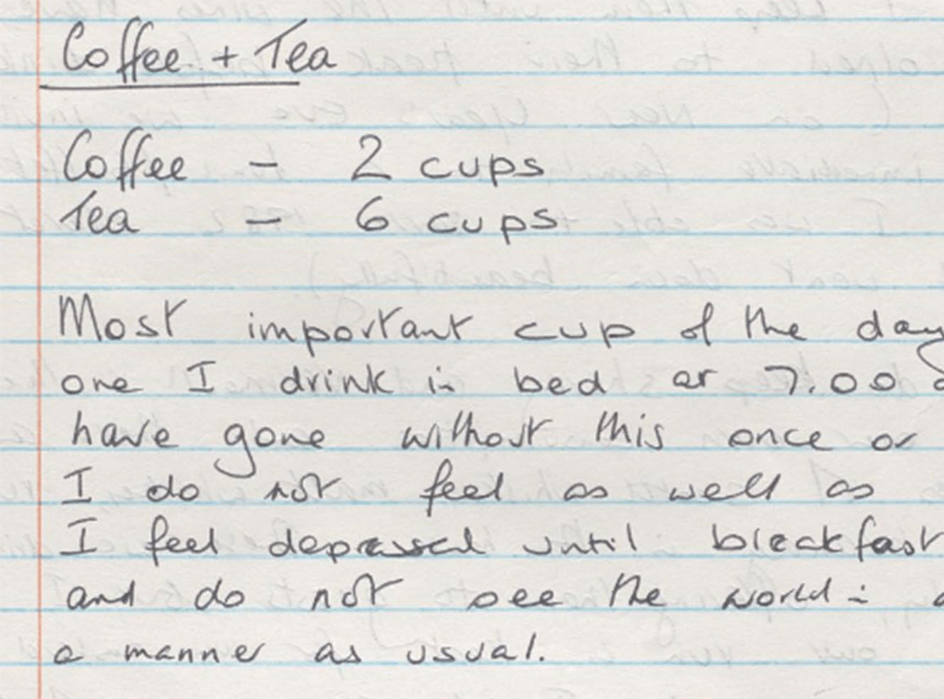 A handwritten note on lined paper listing 2 cups of coffee and 6 cups of tea, discussing coffee's importance