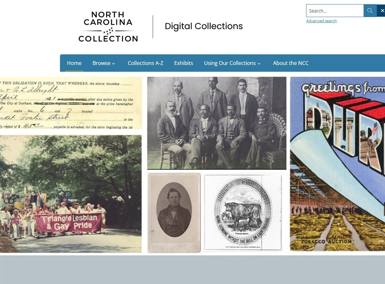 Collage of historical images: pride parade, group portrait, vintage photo, and tobacco auction.