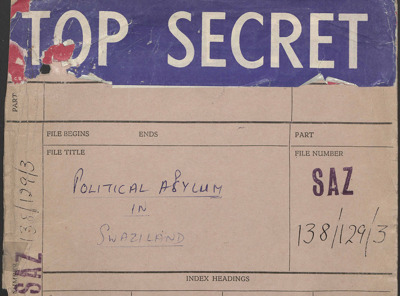 A file folder labeled 'TOP SECRET' with details about political asylum in Swaziland.