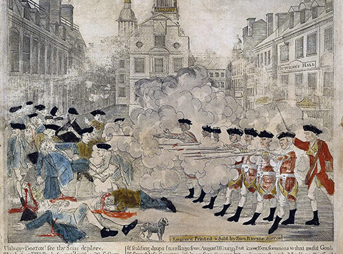Historic scene showing soldiers in red coats firing on a crowd in a city street, with smoke and chaos