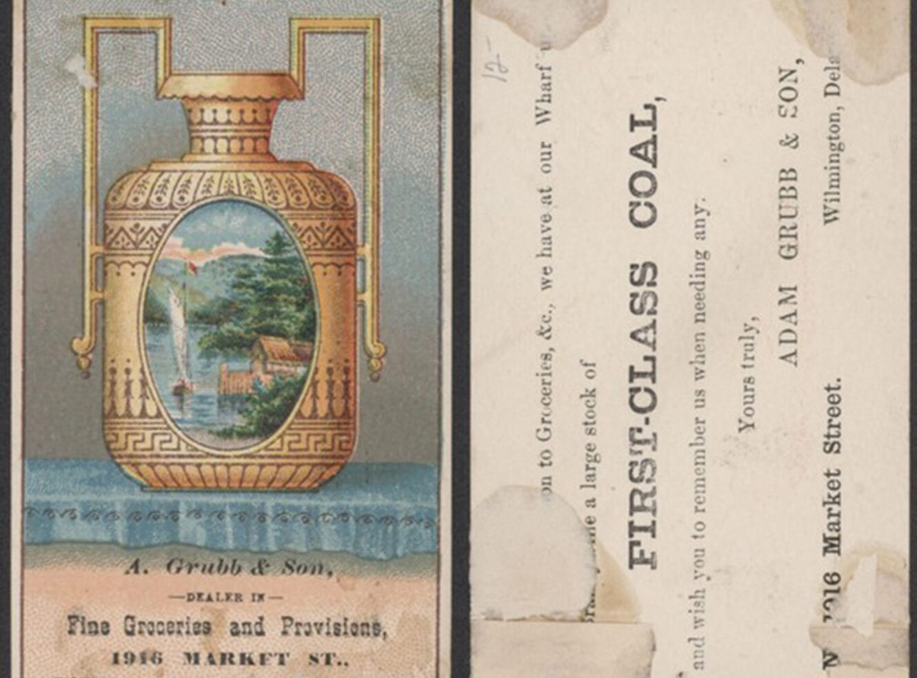 Vintage business card featuring a decorative vase with a scenic lake view, promoting A. Grubb & Son in Wilmington.