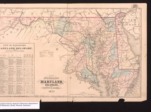 A vintage map showing Maryland and Delaware with railroads and cities, dated 1872.