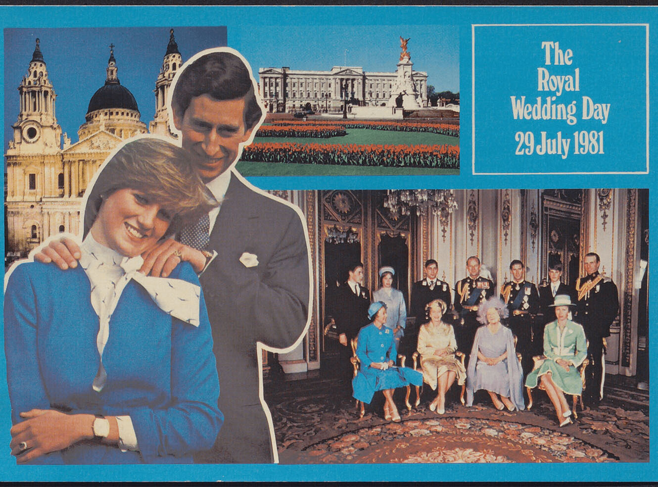 Collage of the royal wedding day on July 29, 1981, featuring the couple and guests