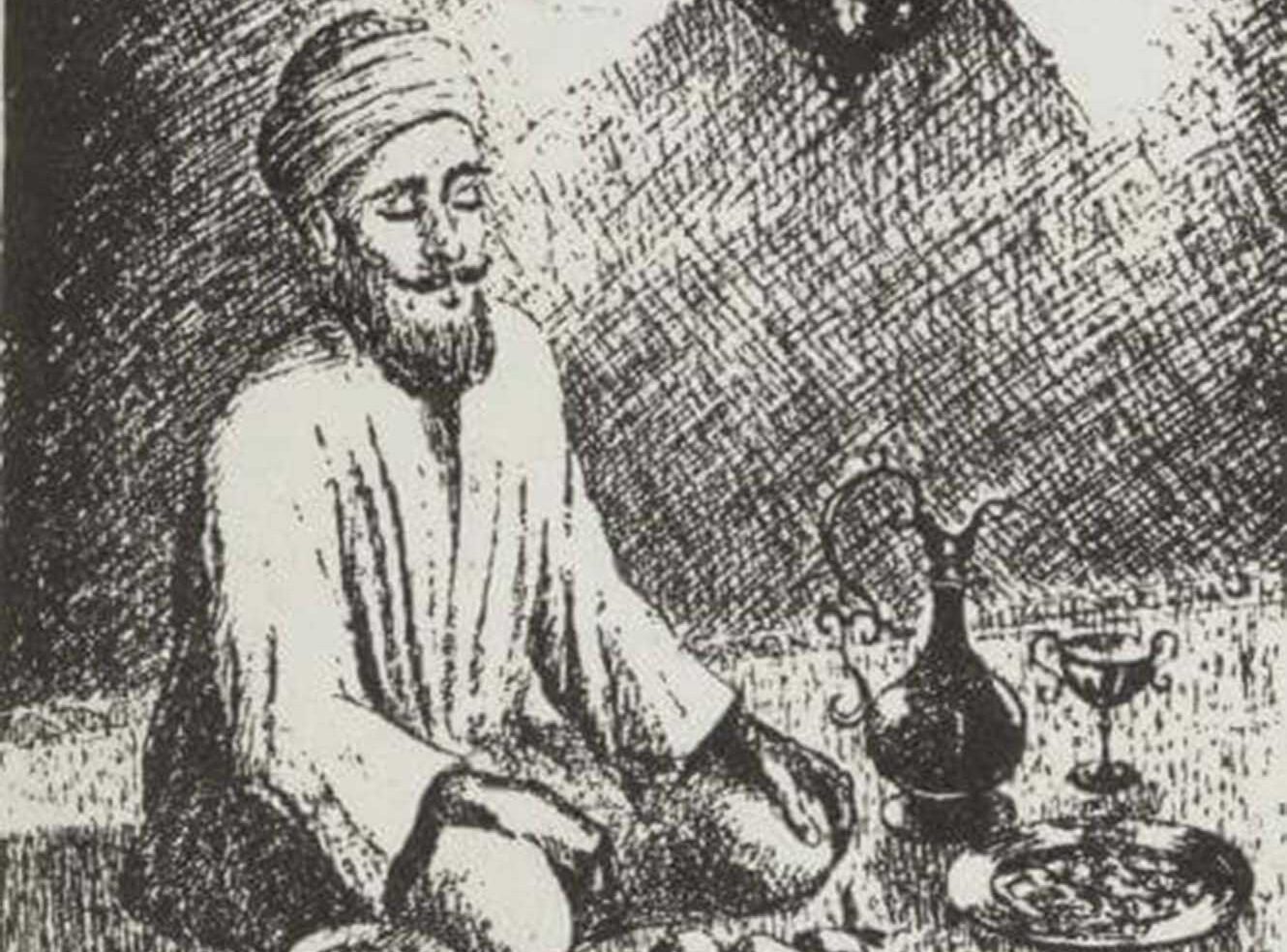 A man in traditional clothing sitting at a table with various foods and a lantern overhead