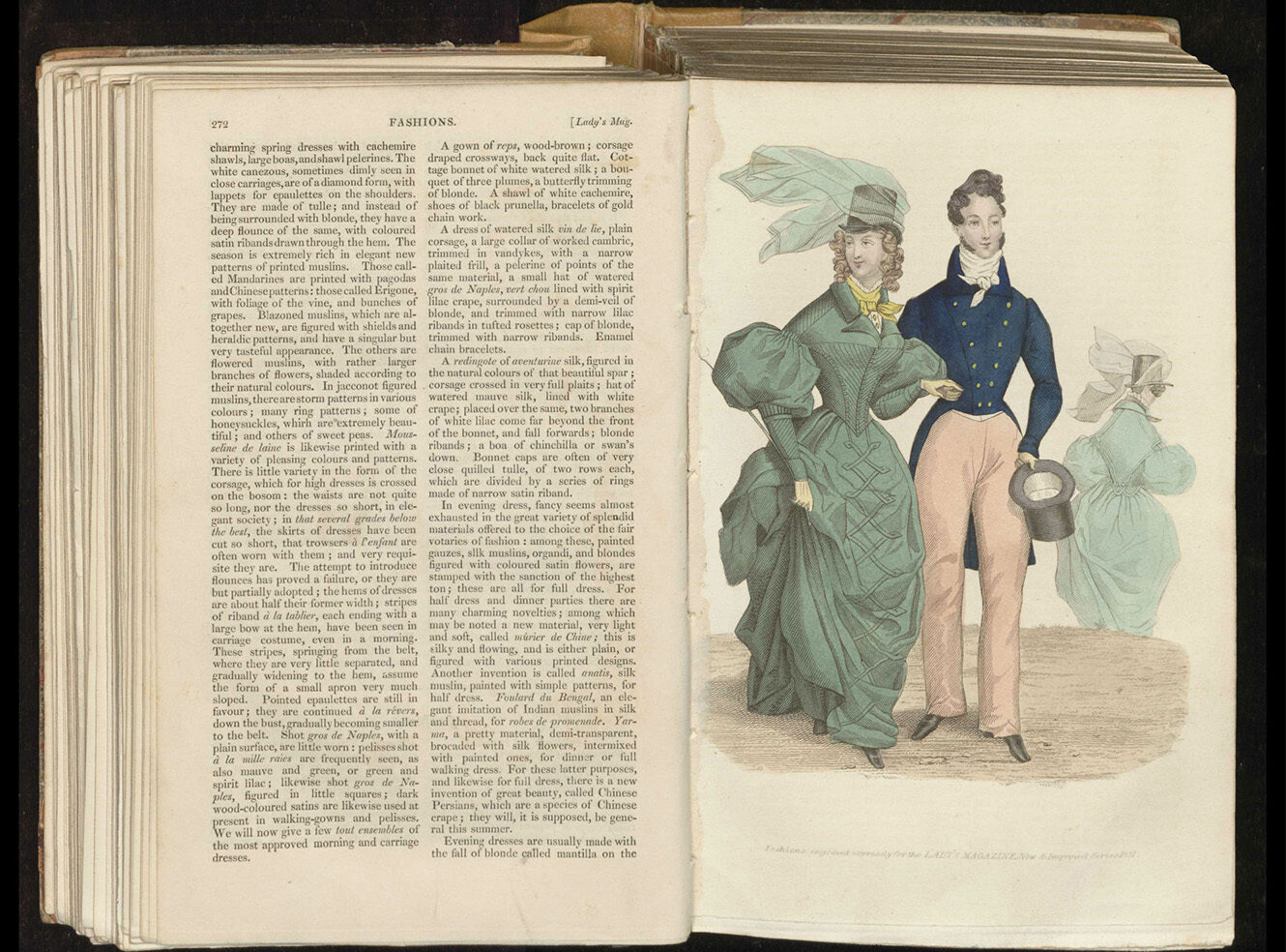 People in 19th-century fashion, with a page commenting on fashion of the time.