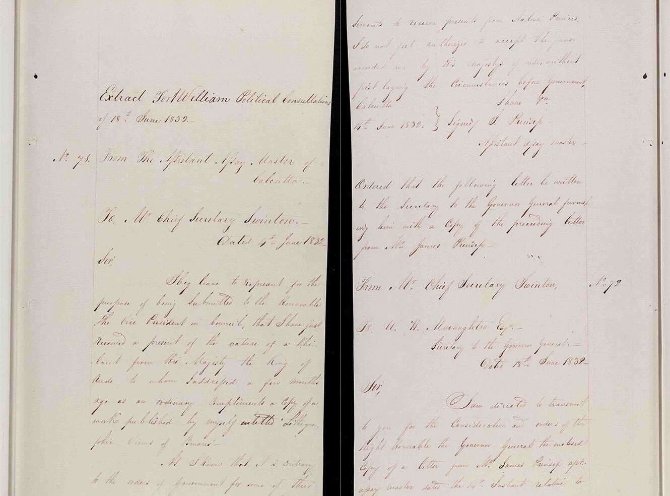 Two pages of handwritten document dated June 18, 1832, with formal correspondence.