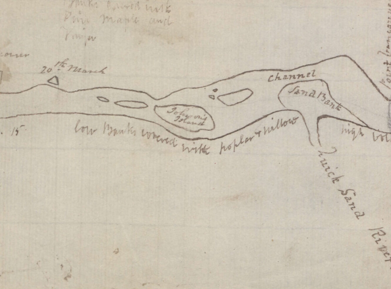 A hand-drawn map showing Fort Vancouver, river channel, and nearby islands with labels.