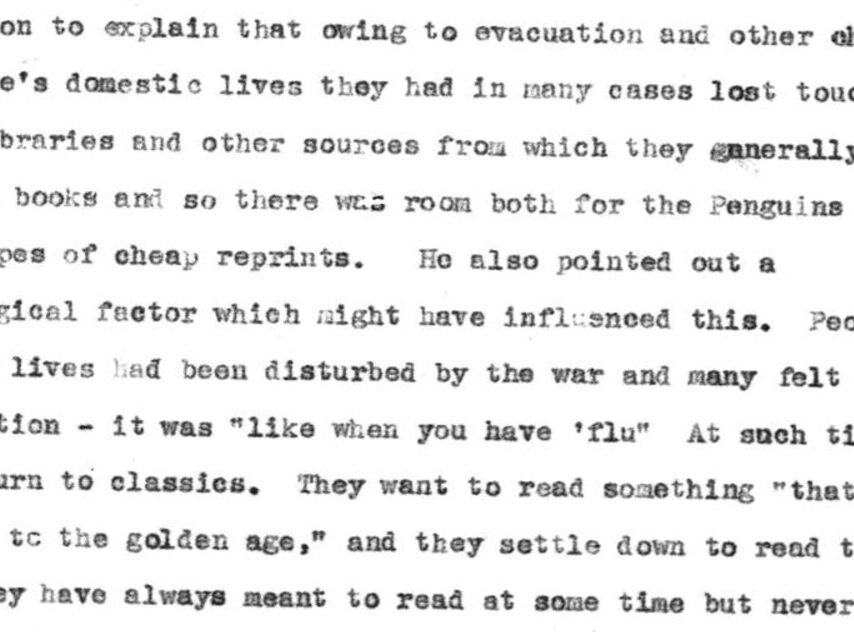 A typed document discussing changes in reading habits due to war disruptions