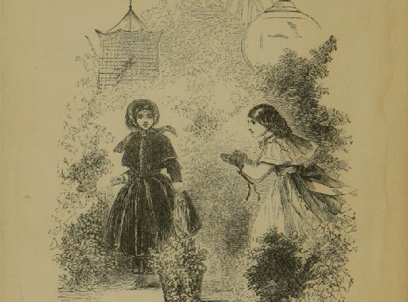 Two girls in a garden. One girl wears a dark dress, the other holds flowers