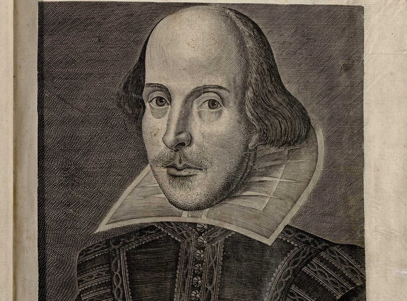 A black and white illustrated portrait of William Shakespeare with a collar.