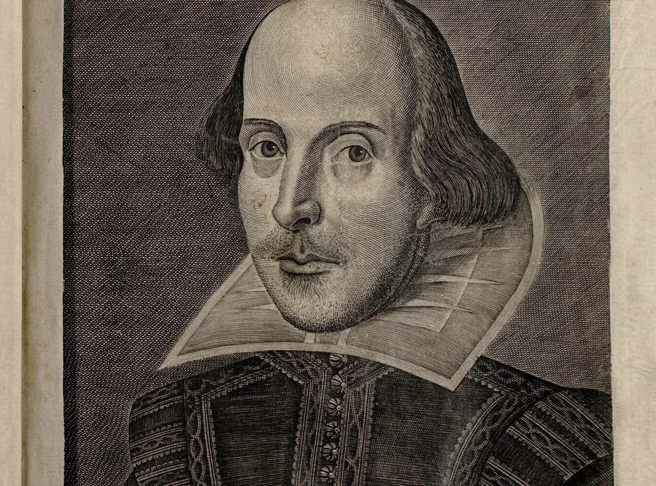 A portrait of Shakespeare wearing a patterned jacket with a lace collar.