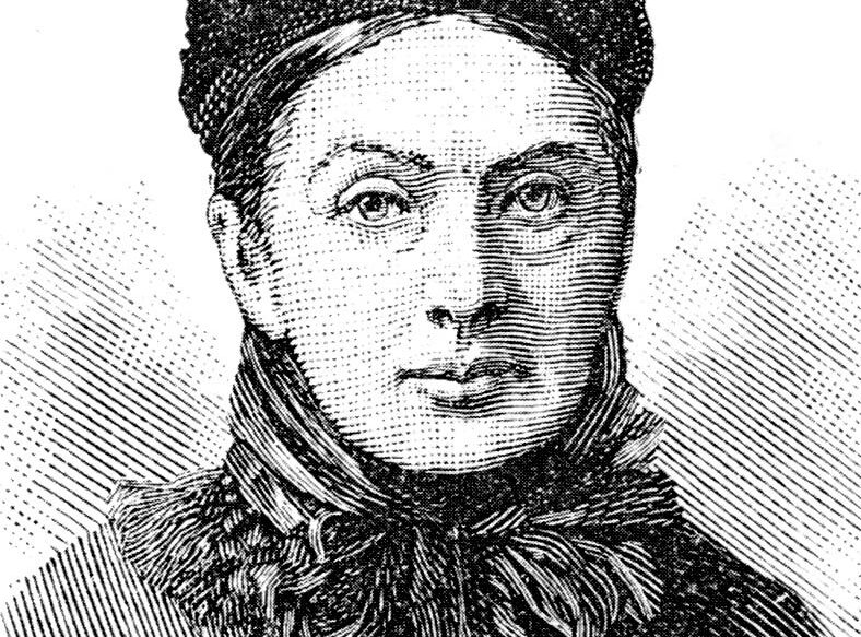 A black and white illustration of a woman with a hat and scarf, looking directly at the viewer