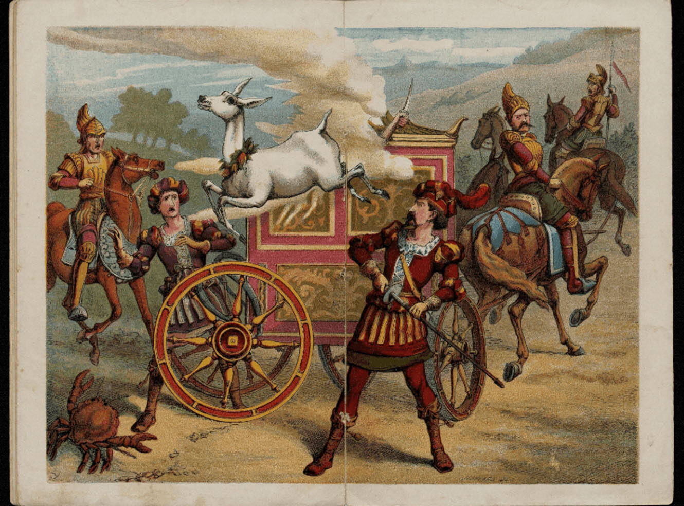 A colorful illustration of a chaotic scene with a goat leaping from a cart, soldiers nearby, and a horse rider in the background