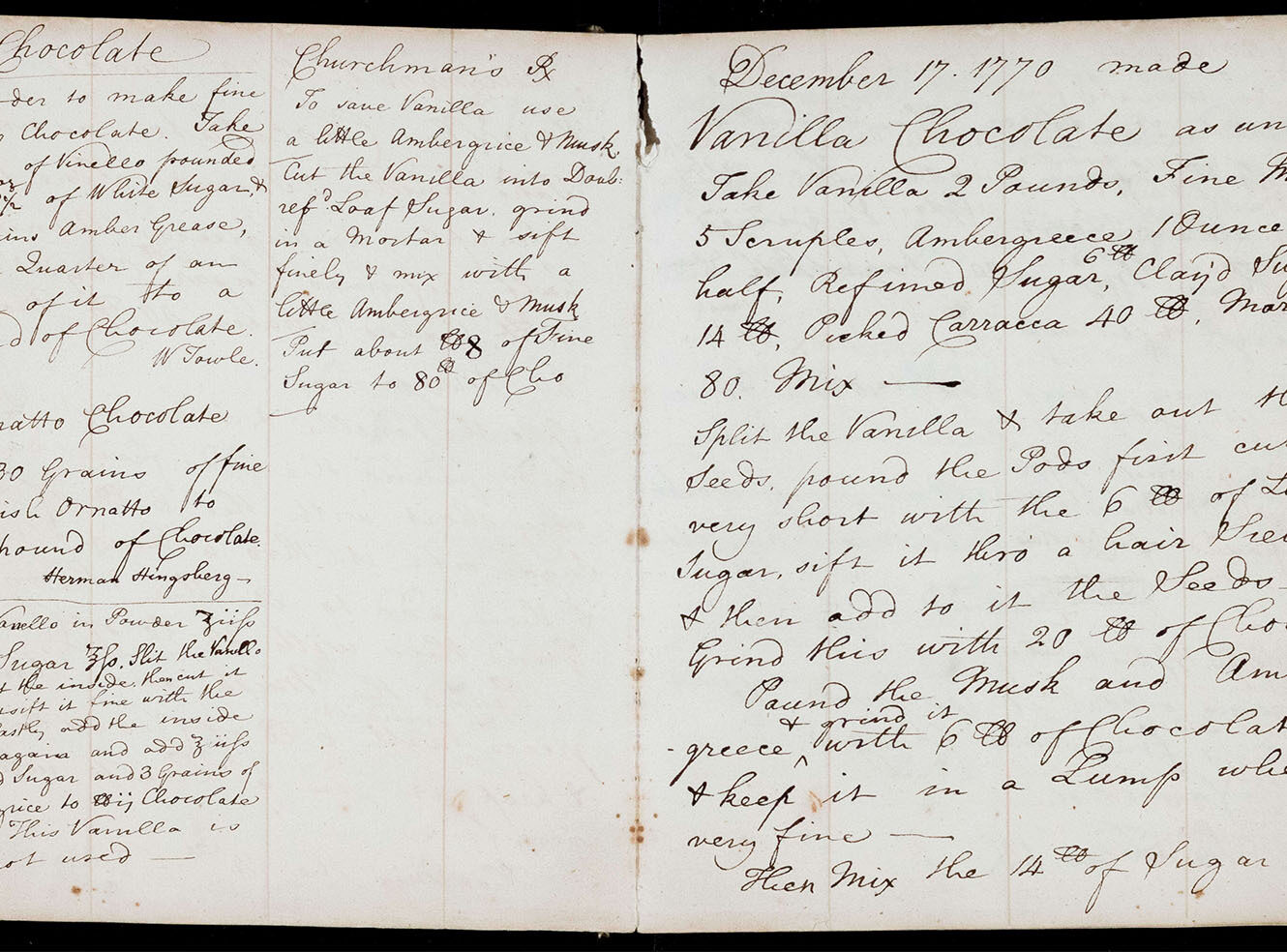 Two open pages of a handwritten recipe book from 1799, detailing chocolate recipes.