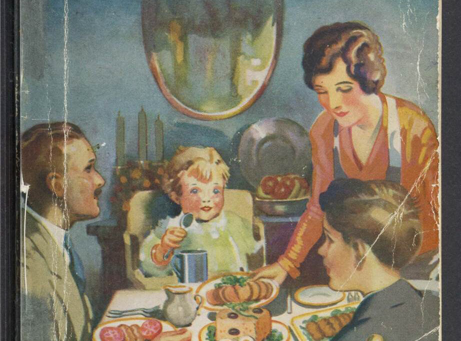 A vintage cookbook titled 'Healthful Cookery' with a family enjoying a meal at a dining table