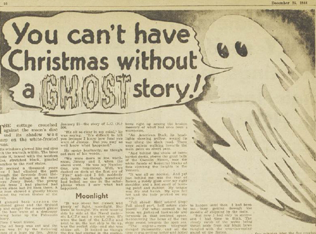 A newspaper clipping with the text 'You can't have Christmas without a GHOST story!' and a cartoon ghost