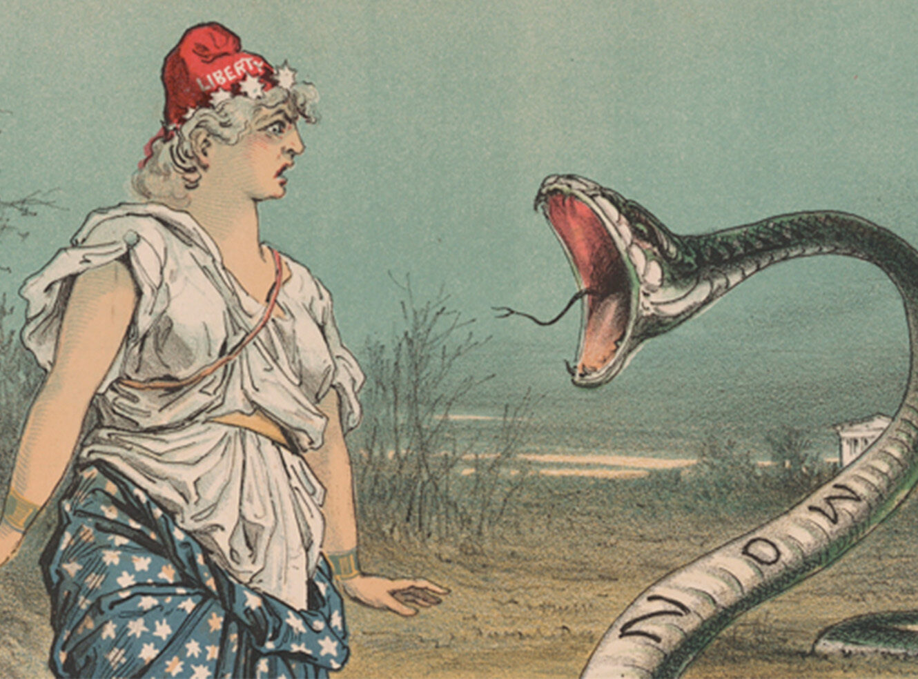 A woman dressed as the American flag in fear of a snake with its mouth open.