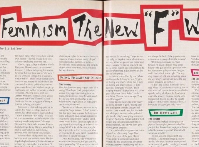 Magazine spread with bold title 'Is Feminism The New F Word?' discussing feminism issues and interviews.