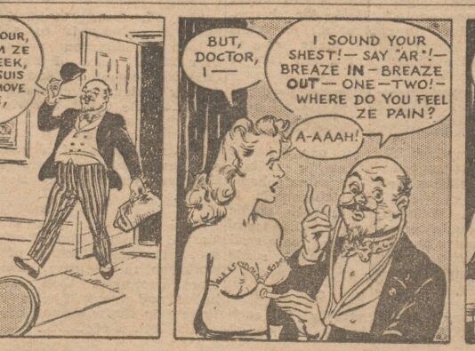 A humorous comic strip with a doctor examining a woman, mistaking her for a patient.