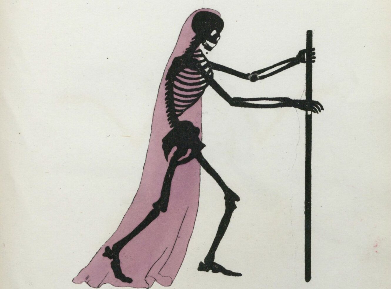 A black silhouette of a skeleton wearing a purple cloak, holding a staff while walking.