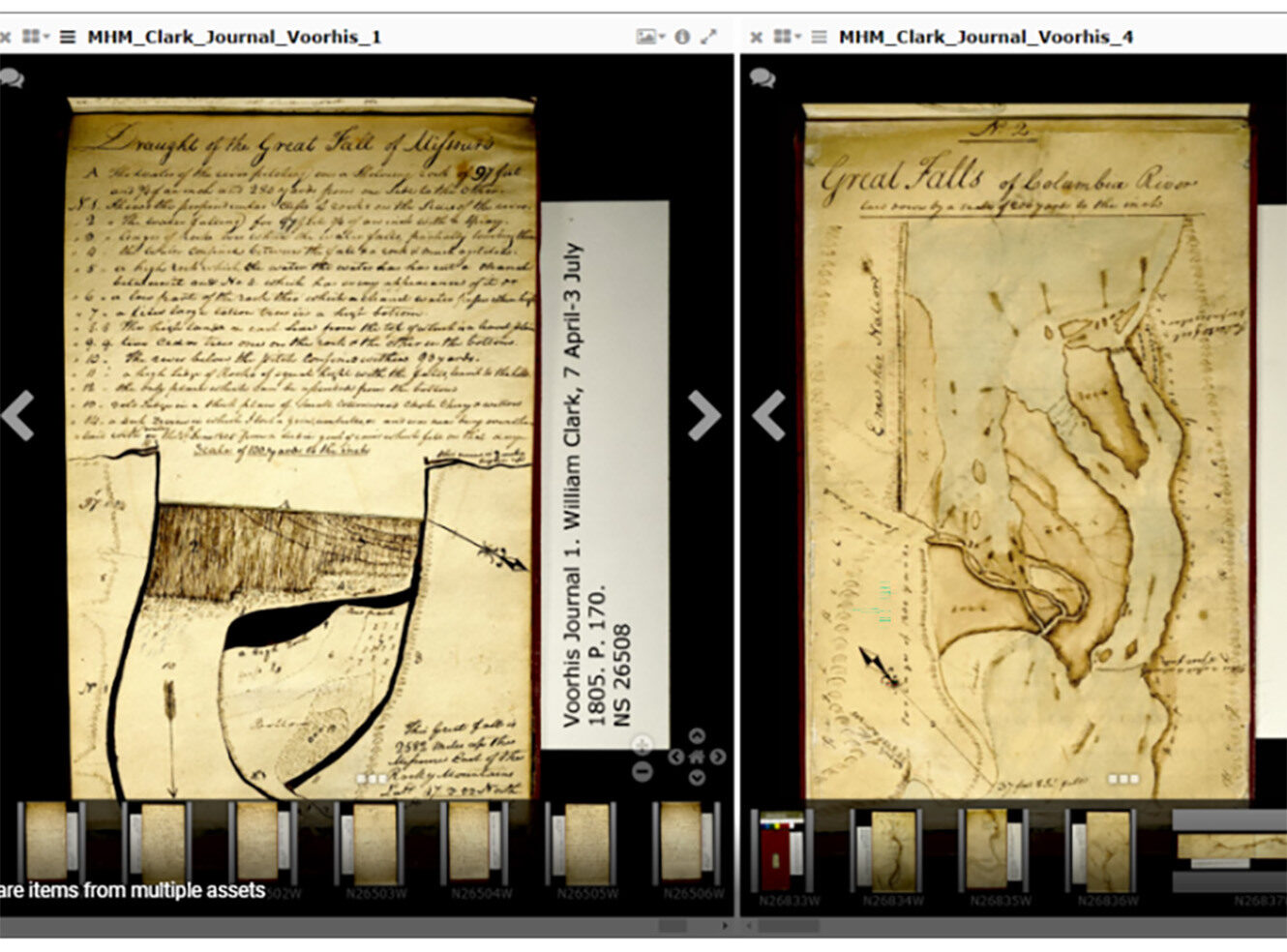 Two pages of a historical journal. Sketches and notes about the Great Falls of the Columbia River.