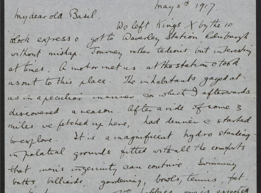A handwritten letter dated May 5, 1917, from Craiglockhart War Hospital, discussing travel and leisure activities.