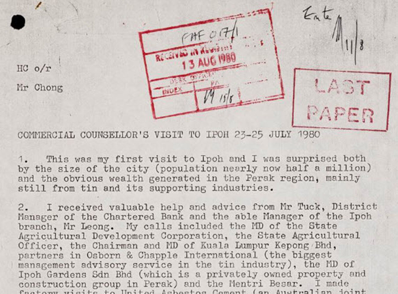 Typewritten letter titled 'Commercial Counsellor's Visit to Ipoh 23-25 July 1980'.