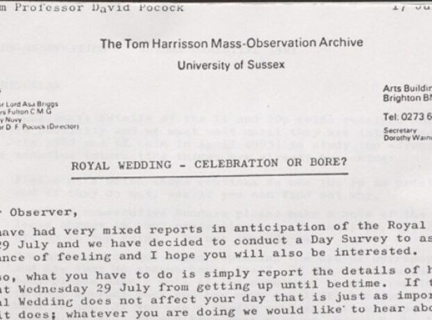 A letter from the Tom Harrisson Mass-Observation Archive discussing a survey on the Royal Wedding.