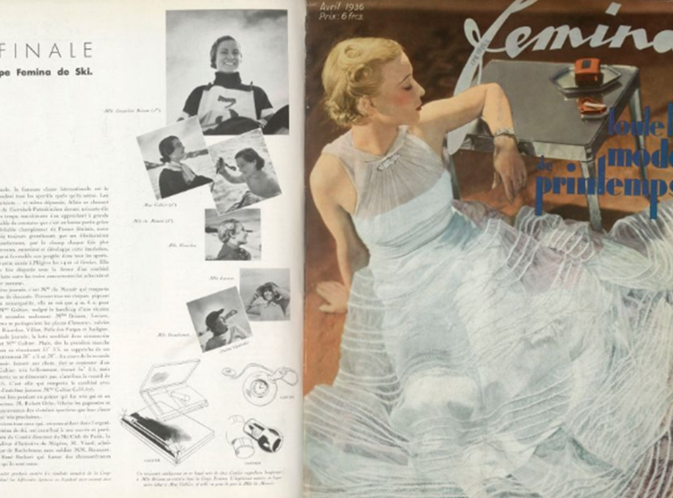 A vintage magazine featuring a woman in a flowing dress, with articles and images on the side