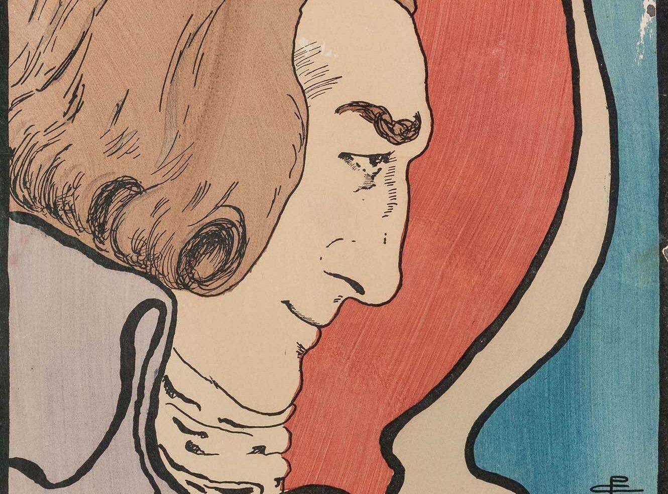 A stylized drawing of a man's profile with curly hair, surrounded by colorful abstract backgrounds.