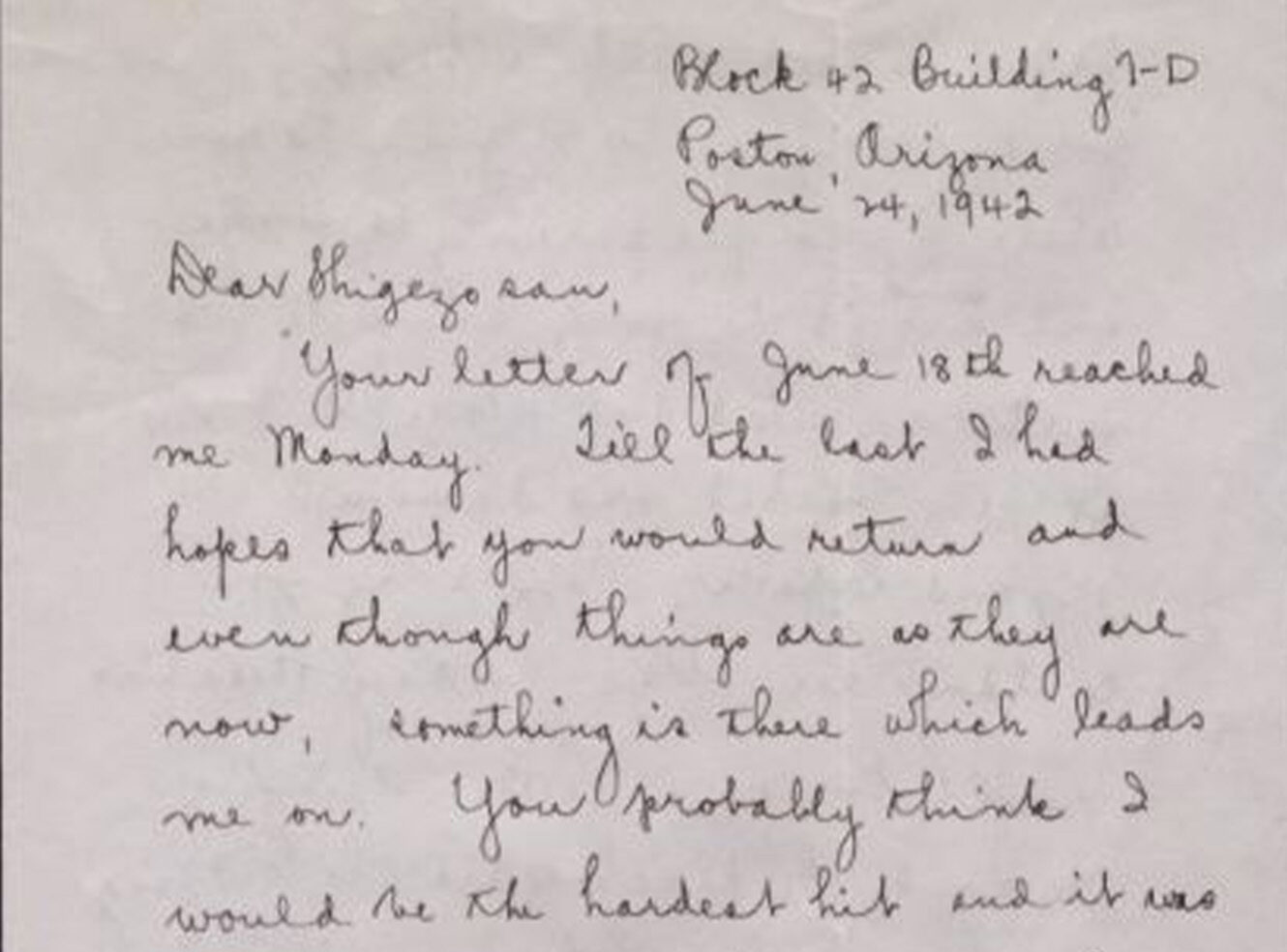 A handwritten letter dated June 14, 1942, addressed from Block 17, Brilling, Arizona