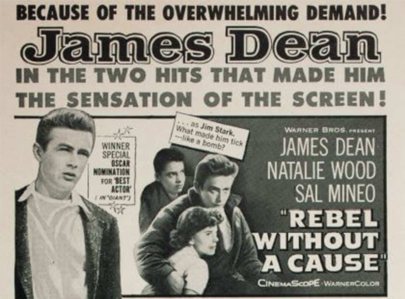 A vintage movie poster promoting James Dean in "Rebel Without a Cause" with Natalie Wood and Sal Mineo