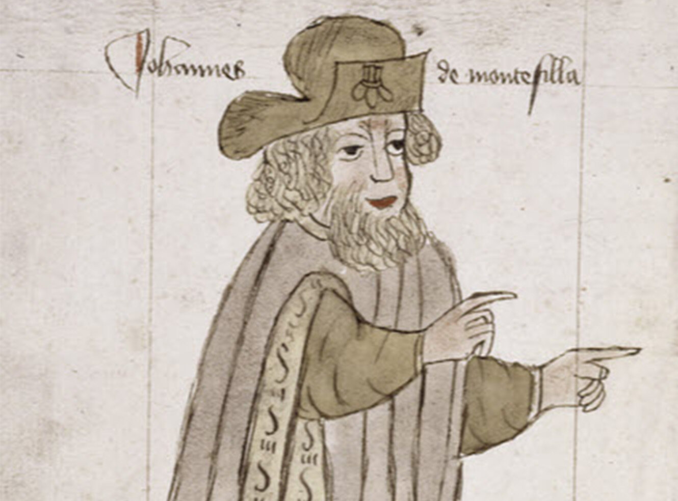 A historical figure wearing a hat and cloak, pointing with one hand