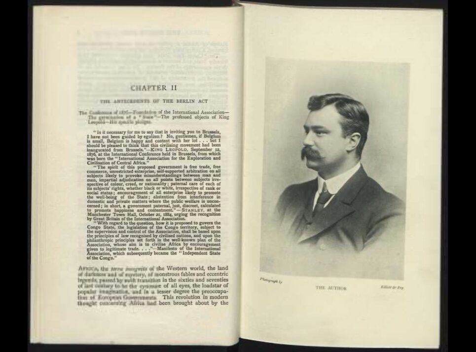 A page from a book showing Chapter II text on the Berlin Act, next to a black-and-white photograph of a man in profile.
