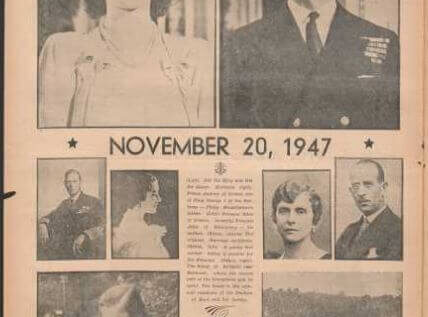 Newspaper page from November 20, 1947, featuring royal wedding announcement with photos.