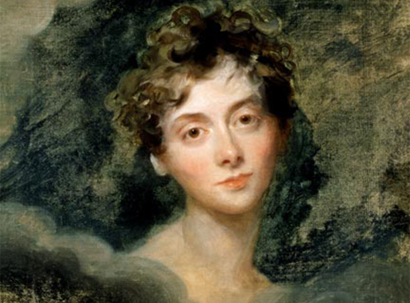 A close-up portrait of a young woman with curly hair and a soft expression, surrounded by dark clouds