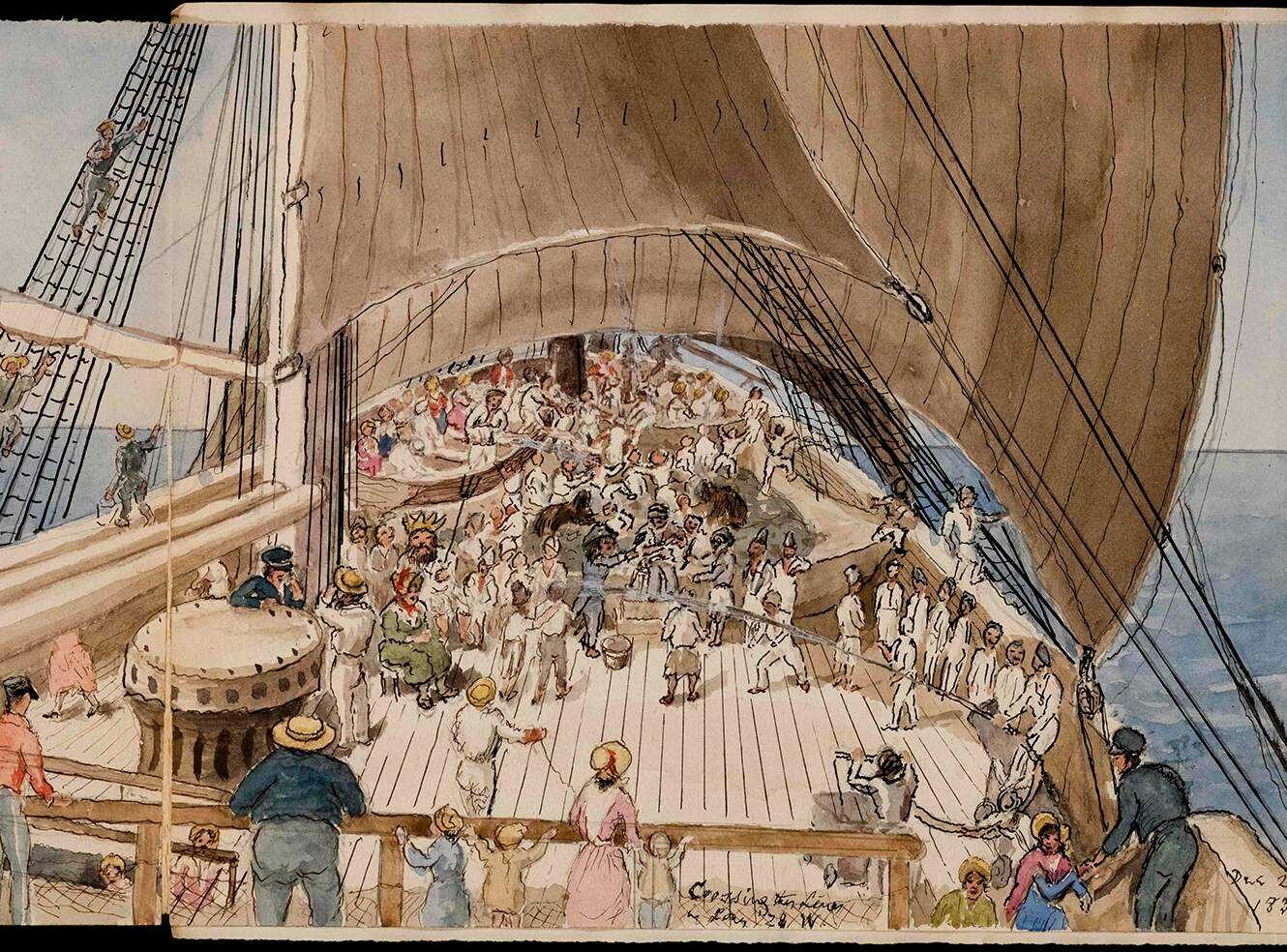 Illustration depicting a deck of a large sailing ship; men, women, and children socialise under sails with rigging to the left and sea to the right