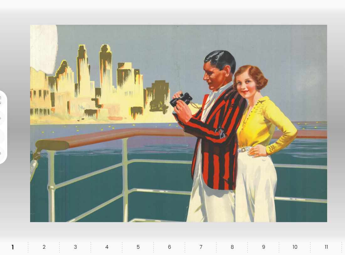 A digital exhibition page shows a man in a striped blazer taking photos with a camera, while a woman in a yellow top smiles beside him on a boat.