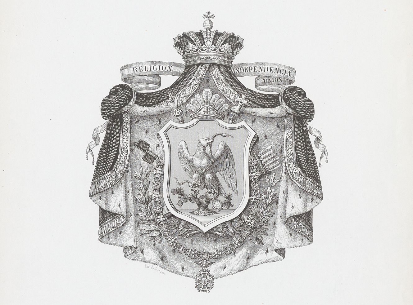 A detailed coat of arms with a crown, eagle, and floral designs, featuring the words 'Religion, Independencia, Union'.